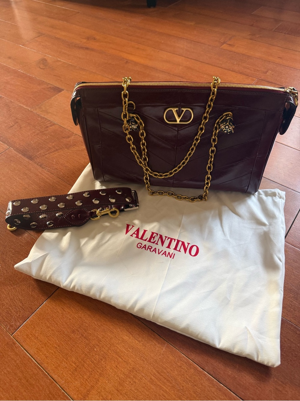 Valentino Garavani Burgundy Panthea Shoulder Bag with Chain Detail